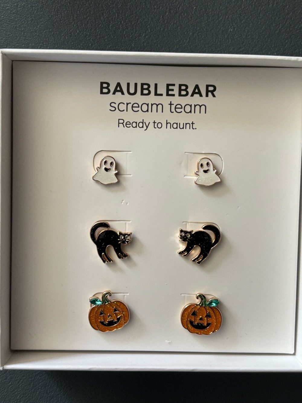 NIB BaubleBar Halloween Stud Set - Ghost, Black cat & pumpkin